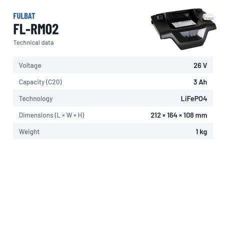 Lawnmower battery Fulbat FL-RM02 25.6V 3Ah LiFePO4 – technical data