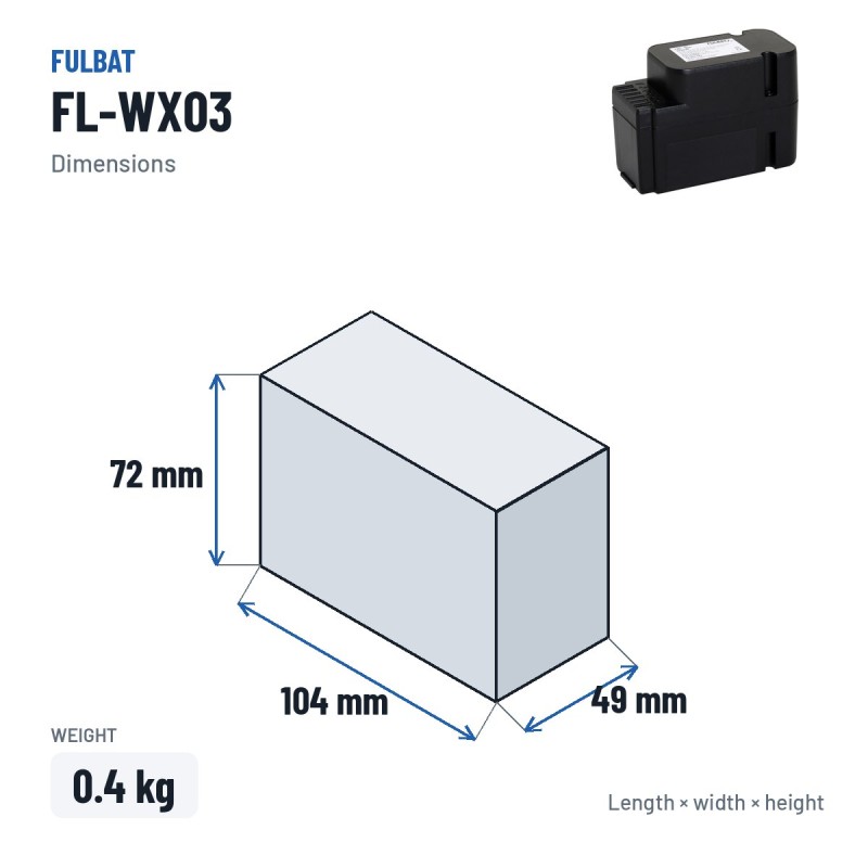 Batterie de tondeuse Fulbat FL-WX03 28V 2.5Ah Li-Ion – dimensions 104 × 49 × 72 mm