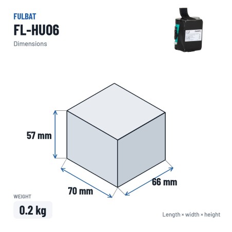 Rasenmäher-Batterie Fulbat FL-HU06 18V 2Ah Li-Ion – Abmessungen 70 × 66 × 57 mm