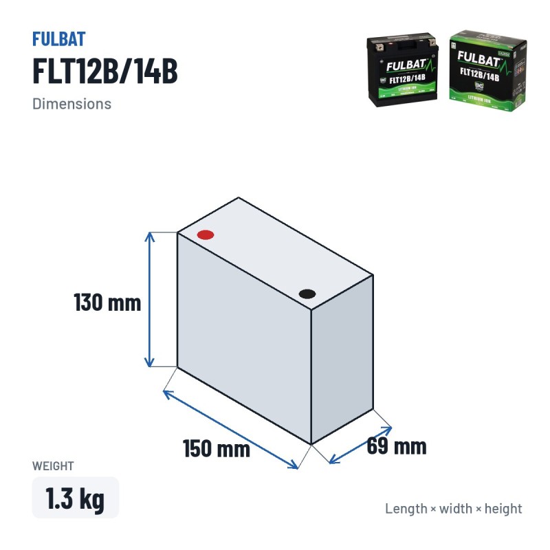 Batterie moto Fulbat FLT12B/14B 6Ah 360A LiFePO4 – dimensions 150 × 69 × 130 mm
