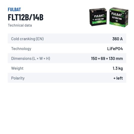 Bateria de mota Fulbat FLT12B/14B 6Ah 360A LiFePO4 – ficha técnica