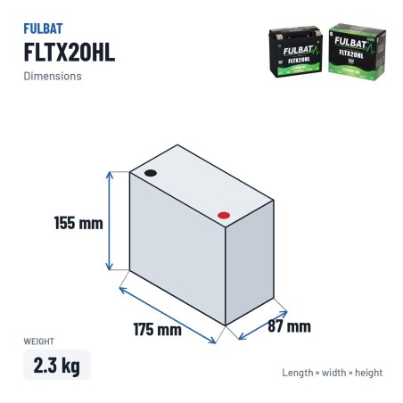 Bateria de mota Fulbat FLTX20HL 12Ah 720A LiFePO4 – medidas 175 × 87 × 155 mm
