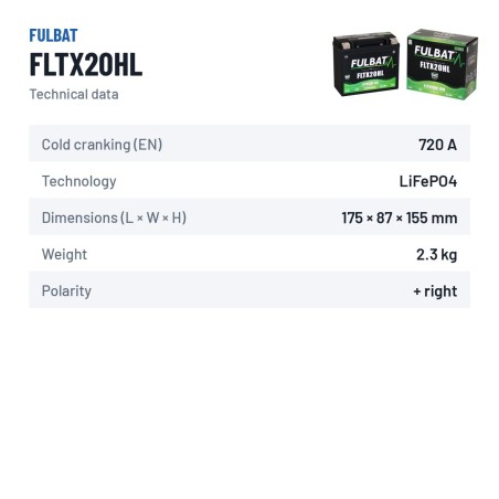 Batteria moto Fulbat FLTX20HL 12Ah 720A LiFePO4 – scheda tecnica