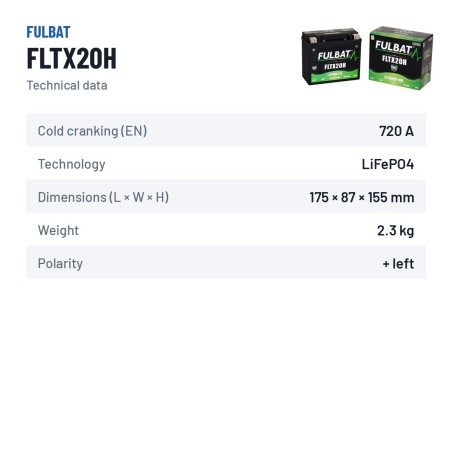 Batterie moto Fulbat FLTX20H 12Ah 720A LiFePO4 – fiche technique