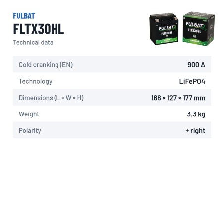 Batería de moto Fulbat FLTX30HL 18Ah 900A LiFePO4 – ficha técnica