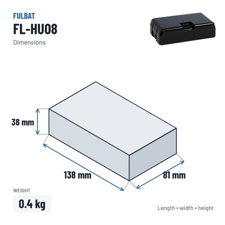 Rasenmäher-Batterie Fulbat FL-HU08 18.5V 2Ah Li-Ion – Abmessungen 138 × 81 × 38 mm