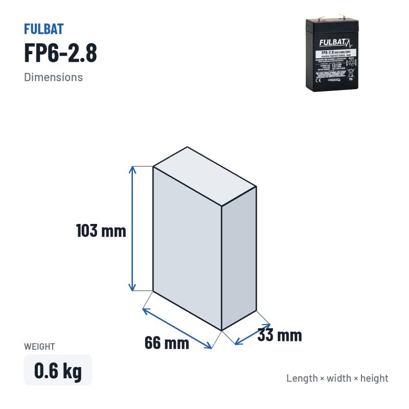 Stationärbatterie USV Fulbat FP6-2.8 6V 2.8Ah AGM – Abmessungen 66 × 33 × 103 mm