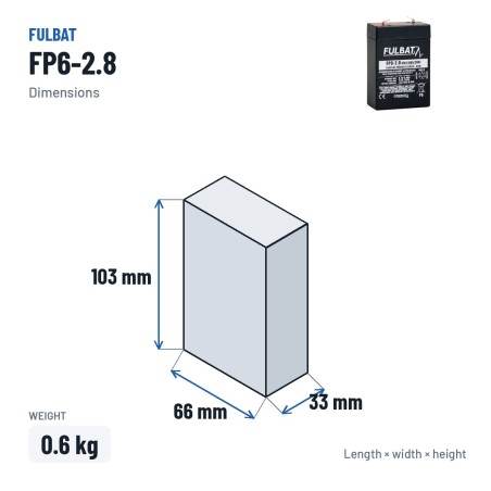 Stationärbatterie USV Fulbat FP6-2.8 6V 2.8Ah AGM – Abmessungen 66 × 33 × 103 mm