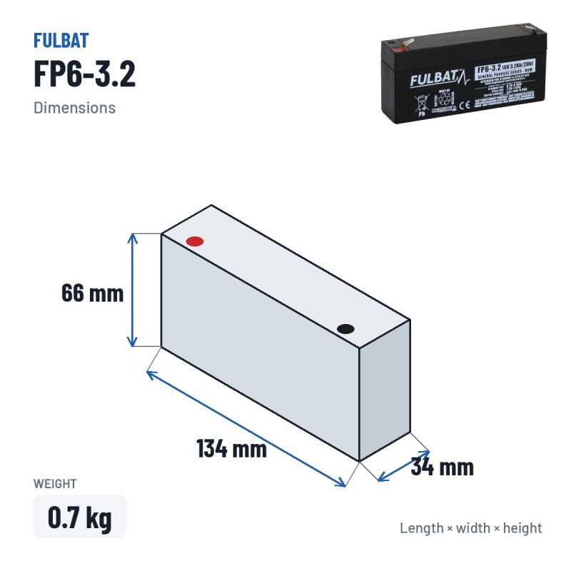 Batteria stazionaria UPS Fulbat FP6-3.2 6V 3.2Ah AGM – dimensioni 134 × 34 × 66 mm