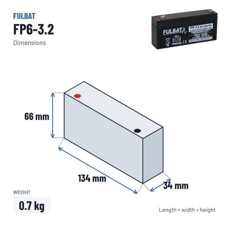 Bateria estacionária UPS Fulbat FP6-3.2 6V 3.2Ah AGM – medidas 134 × 34 × 66 mm