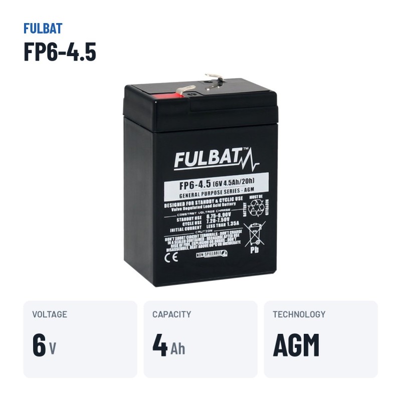 Batería estacionaria SAI/UPS Fulbat FP6-4.5 6V 4.5Ah AGM – datos clave