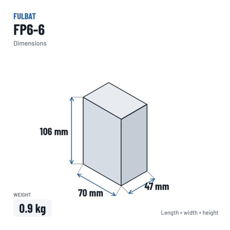Batería estacionaria SAI/UPS Fulbat FP6-6 6V 6Ah AGM – medidas 70 × 47 × 106 mm