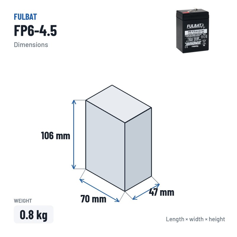 Batterie stationnaire onduleur Fulbat FP6-4.5 6V 4.5Ah AGM – dimensions 70 × 47 × 106 mm