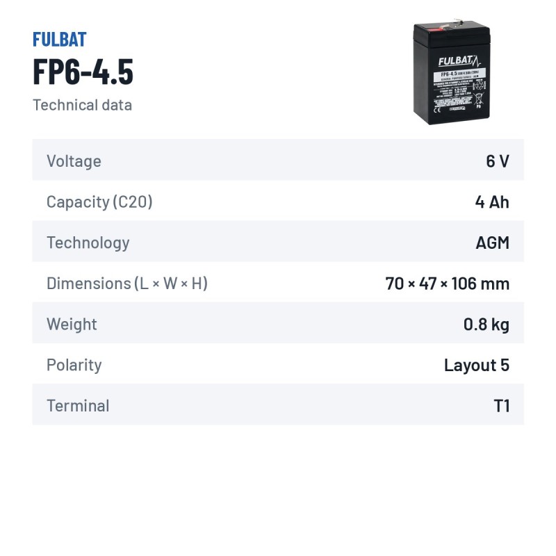 Batería estacionaria SAI/UPS Fulbat FP6-4.5 6V 4.5Ah AGM – ficha técnica
