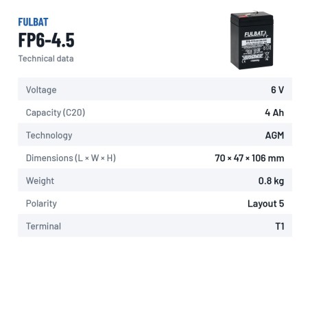 Batería estacionaria SAI/UPS Fulbat FP6-4.5 6V 4.5Ah AGM – ficha técnica