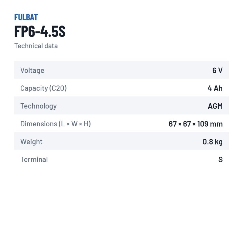 Bateria estacionária UPS Fulbat FP6-4.5S 6V 4.5Ah AGM – ficha técnica