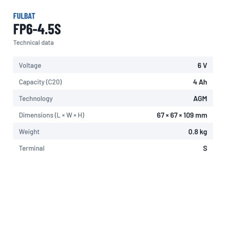 Bateria estacionária UPS Fulbat FP6-4.5S 6V 4.5Ah AGM – ficha técnica
