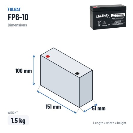 Stationärbatterie USV Fulbat FP6-10 6V 10Ah AGM – Abmessungen 151 × 51 × 100 mm
