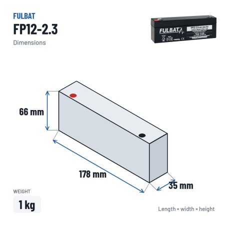 Batteria stazionaria UPS Fulbat FP12-2.3 12V 2.3Ah AGM – dimensioni 178 × 35 × 66 mm