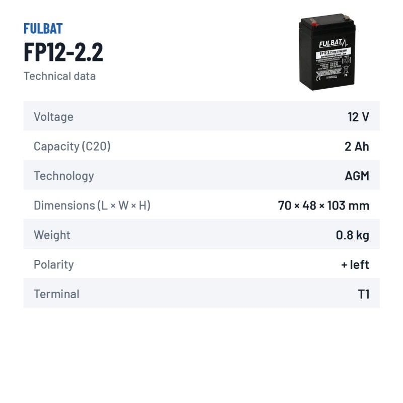 Stationary UPS battery Fulbat FP12-2.2 12V 2.2Ah AGM
