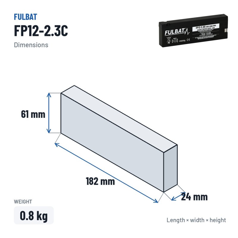 Batteria stazionaria UPS Fulbat FP12-2.3C 12V 2.3Ah AGM – dimensioni 182 × 24 × 61 mm