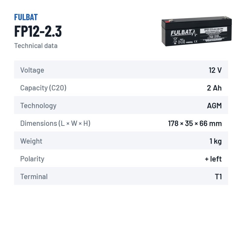 Batteria stazionaria UPS Fulbat FP12-2.3 12V 2.3Ah AGM – scheda tecnica