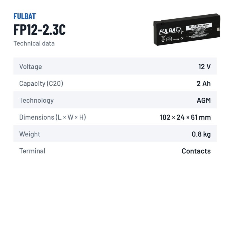 Bateria estacionária UPS Fulbat FP12-2.3C 12V 2.3Ah AGM – ficha técnica