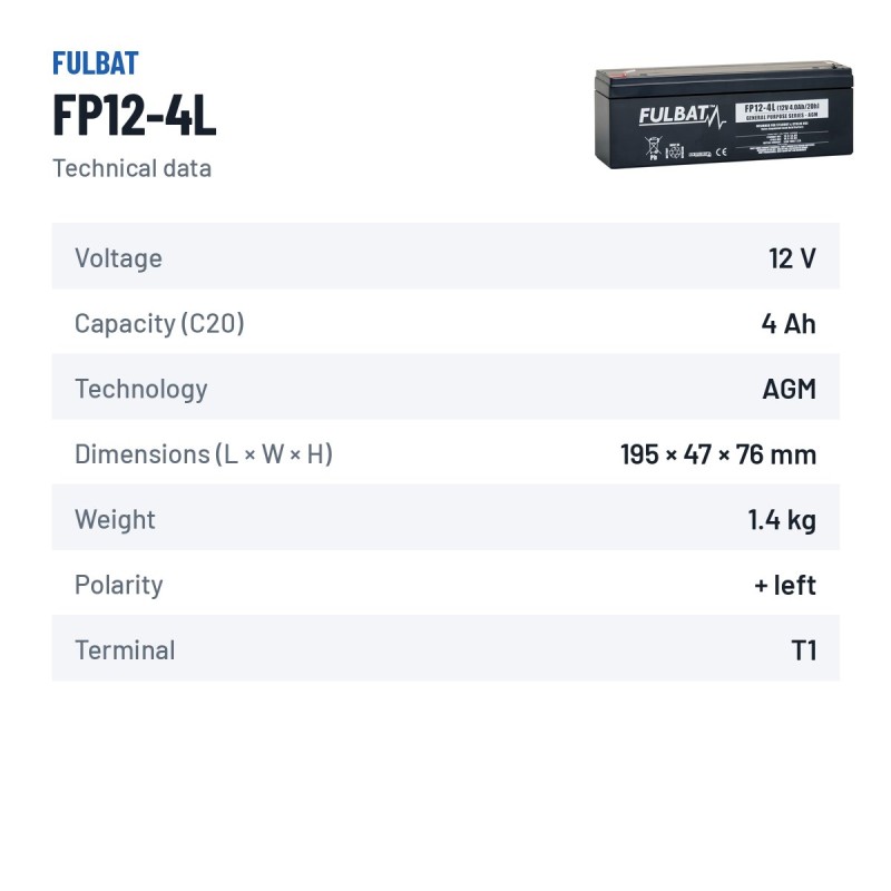 Stationärbatterie USV Fulbat FP12-4L 12V 4Ah AGM – technische Daten