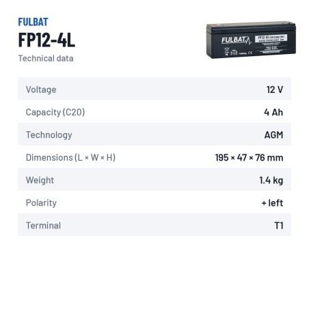 Bateria estacionária UPS Fulbat FP12-4L 12V 4Ah AGM – ficha técnica