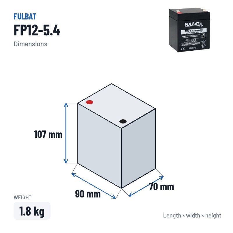Batterie stationnaire onduleur Fulbat FP12-5.4 12V 5.4Ah AGM – dimensions 90 × 70 × 107 mm