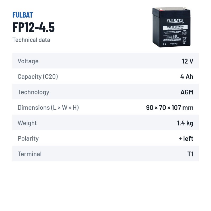 Stationary UPS battery Fulbat FP12-4.5 12V 4.5Ah AGM – technical data