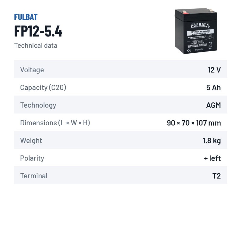Batteria stazionaria UPS Fulbat FP12-5.4 12V 5.4Ah AGM – scheda tecnica