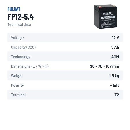 Batteria stazionaria UPS Fulbat FP12-5.4 12V 5.4Ah AGM – scheda tecnica