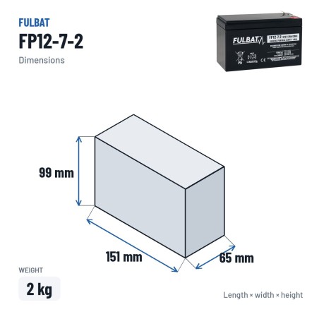 Bateria de corta-relva Fulbat FP12-7-2 12V 7.2Ah AGM – medidas 151 × 65 × 99 mm