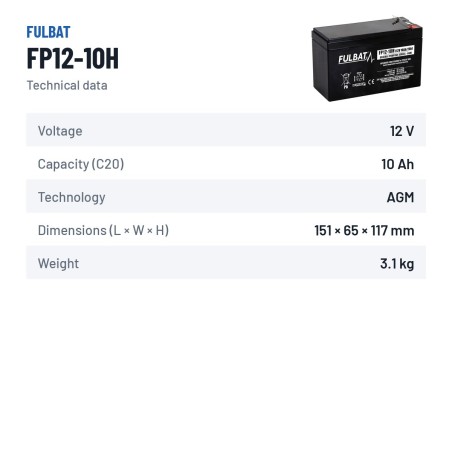 Lawnmower battery Fulbat FP12-10H 12V 10.5Ah AGM – technical data