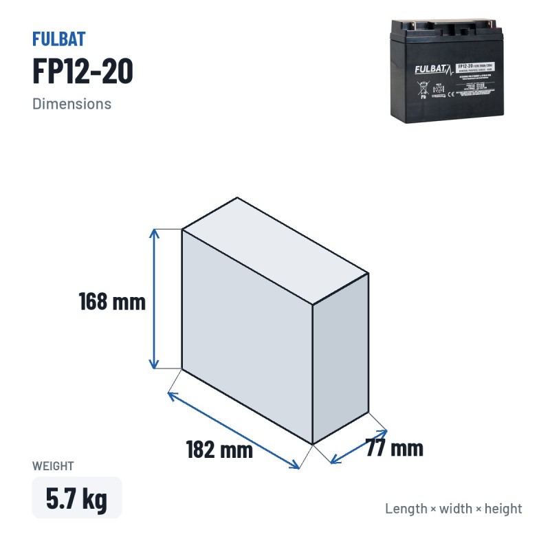 Batteria stazionaria UPS Fulbat FP12-20 12V 20Ah AGM – dimensioni 182 × 77 × 168 mm