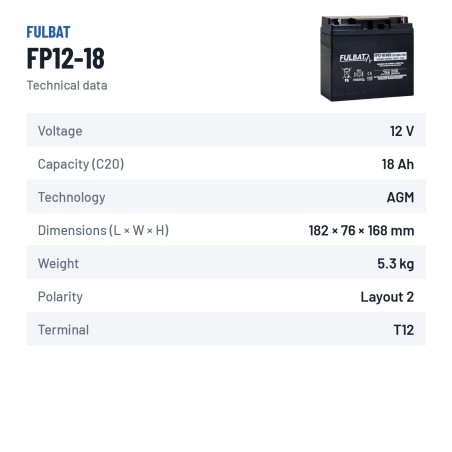 Bateria estacionária UPS Fulbat FP12-18 12V 18Ah AGM – ficha técnica