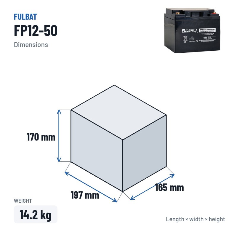 Batteria stazionaria UPS Fulbat FP12-50 12V 50Ah AGM – dimensioni 197 × 165 × 170 mm