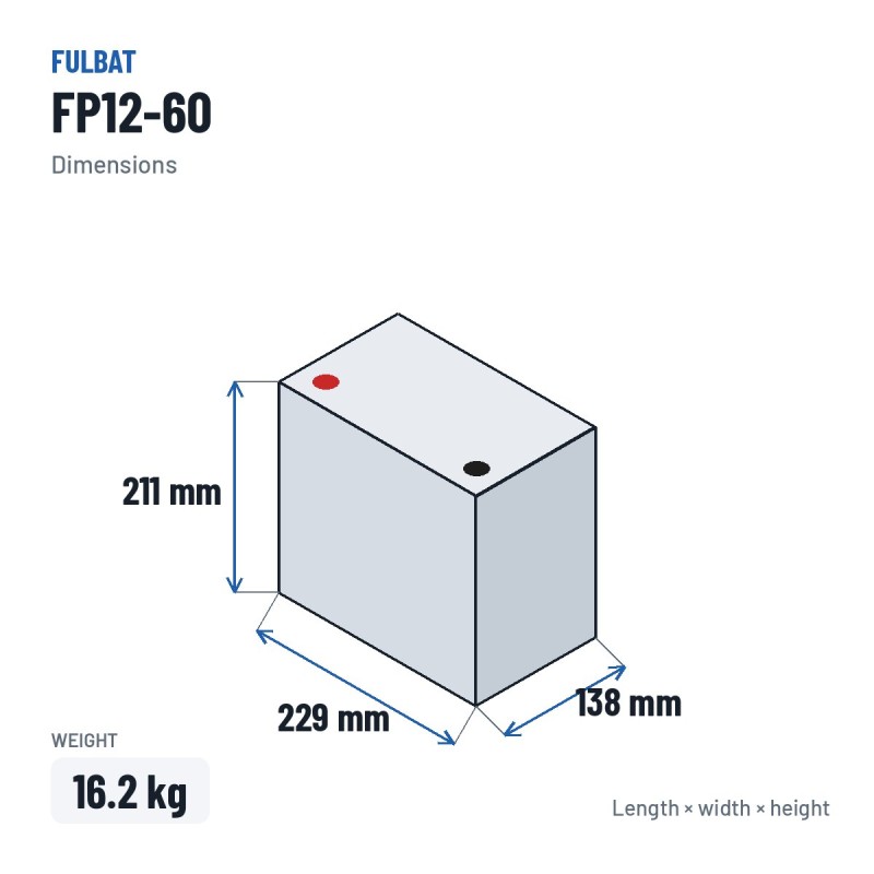 Bateria estacionária UPS Fulbat FP12-60 12V 60Ah AGM – medidas 229 × 138 × 211 mm
