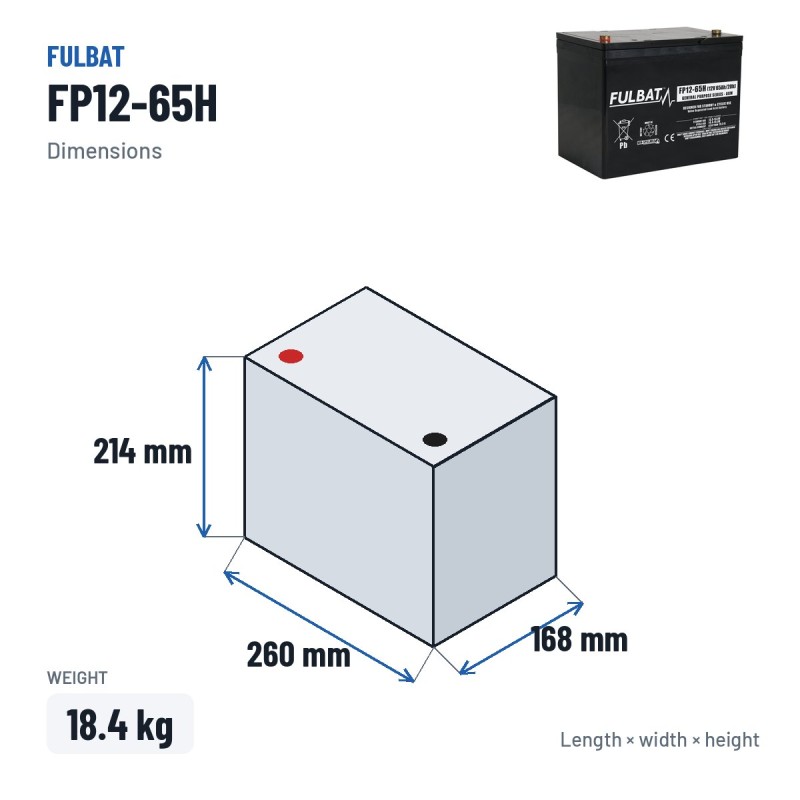 Bateria estacionária UPS Fulbat FP12-65H 12V 65Ah AGM – medidas 260 × 168 × 214 mm