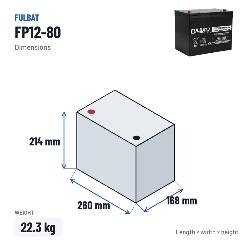 Stationary UPS battery Fulbat FP12-80 12V 80Ah AGM – dimensions 260 × 168 × 214 mm