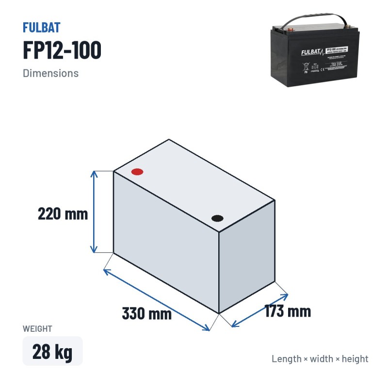 Batería estacionaria SAI/UPS Fulbat FP12-100 12V 104Ah AGM – medidas 330 × 173 × 220 mm