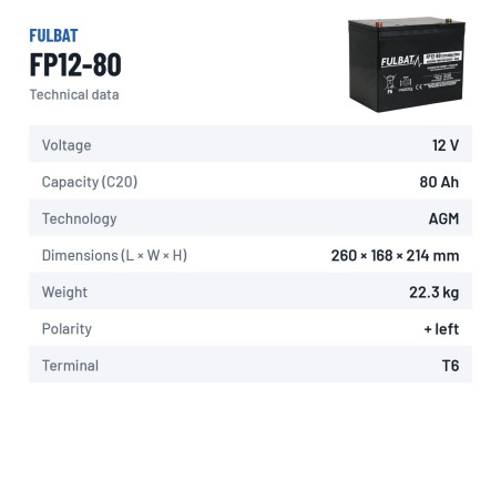 Bateria estacionária UPS Fulbat FP12-80 12V 80Ah AGM – ficha técnica