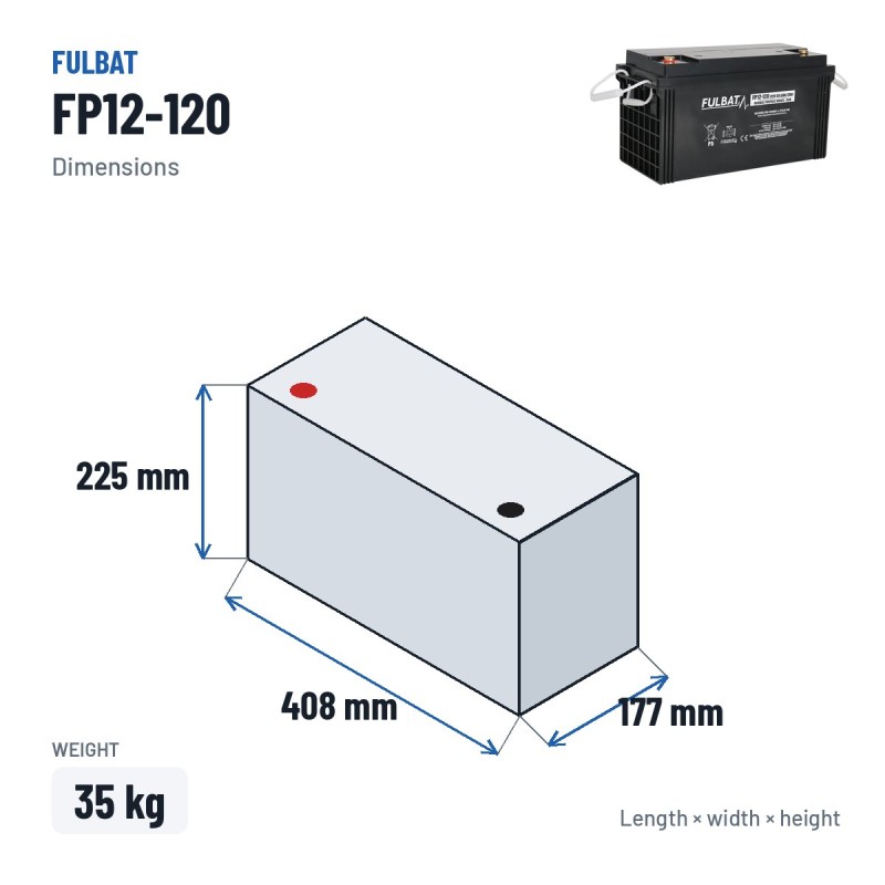 Batteria stazionaria UPS Fulbat FP12-120 12V 124.8Ah AGM – dimensioni 408 × 177 × 225 mm