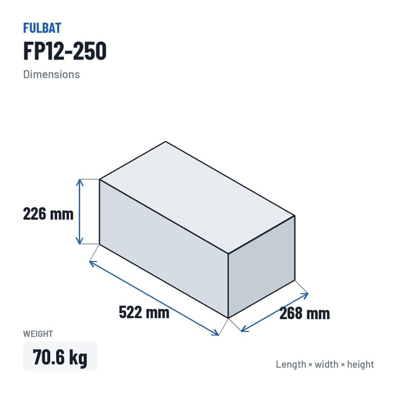 Batteria stazionaria UPS Fulbat FP12-250 12V 260Ah AGM – dimensioni 522 × 268 × 226 mm