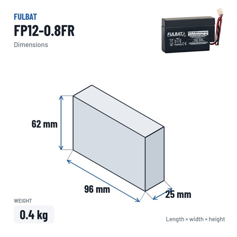 Batteria stazionaria UPS Fulbat FP12-0.8FR 12V 0.8Ah AGM – dimensioni 96 × 25 × 62 mm