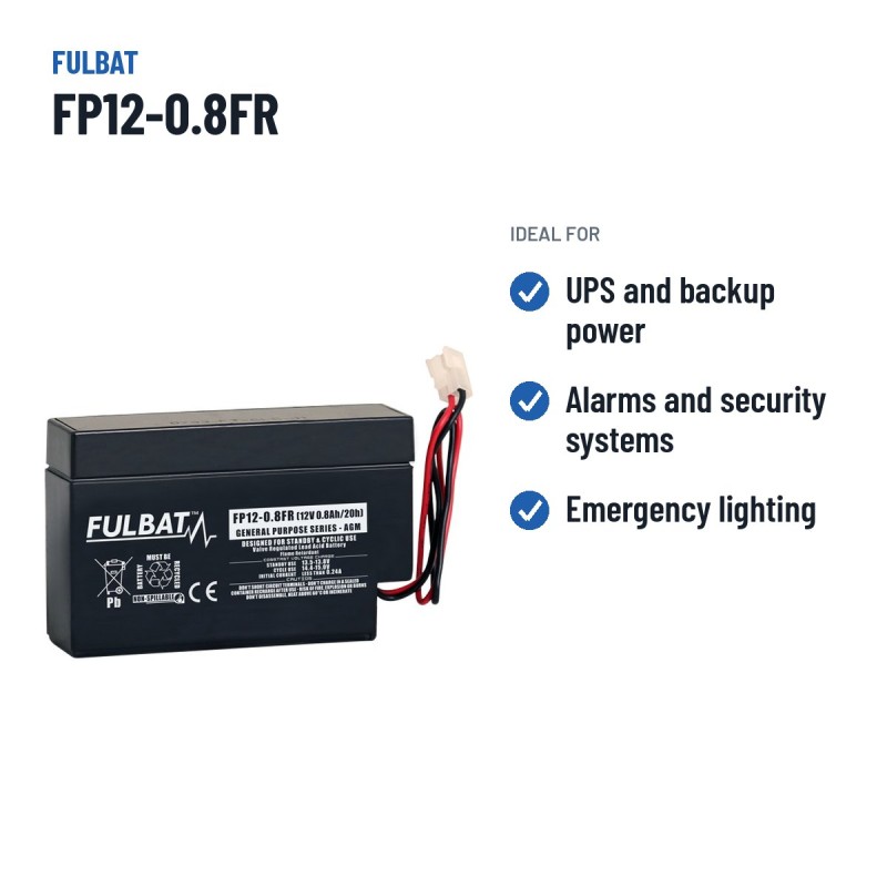 Bateria estacionária UPS Fulbat FP12-0.8FR 12V 0.8Ah AGM – utilizações recomendadas