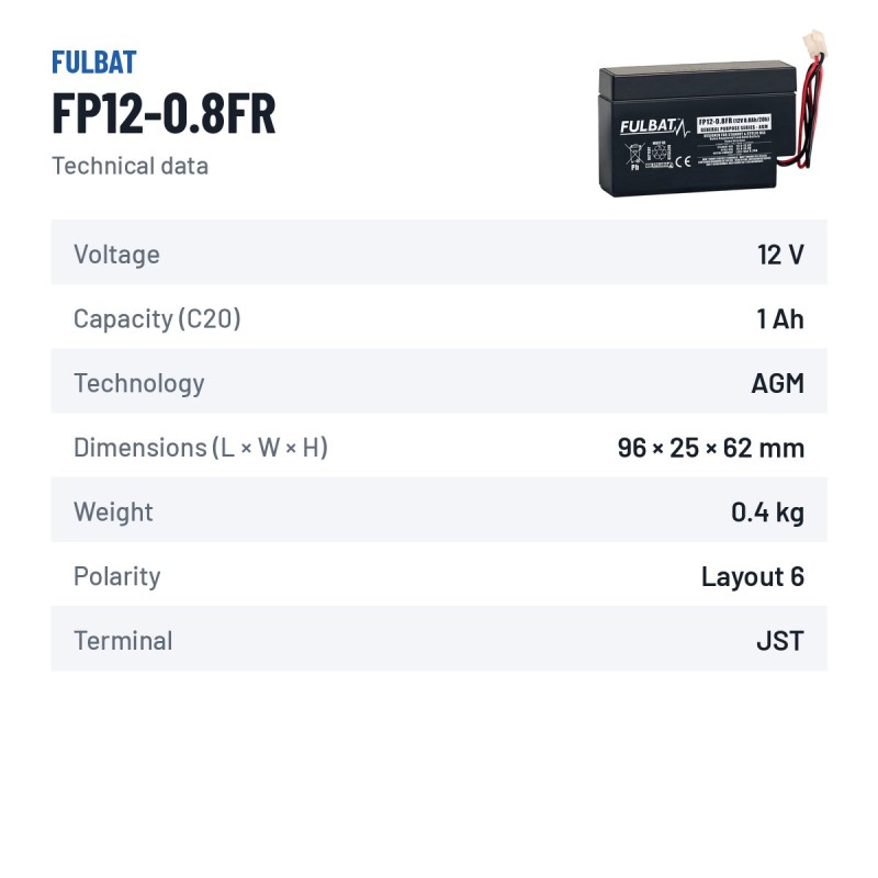 Bateria estacionária UPS Fulbat FP12-0.8FR 12V 0.8Ah AGM – ficha técnica