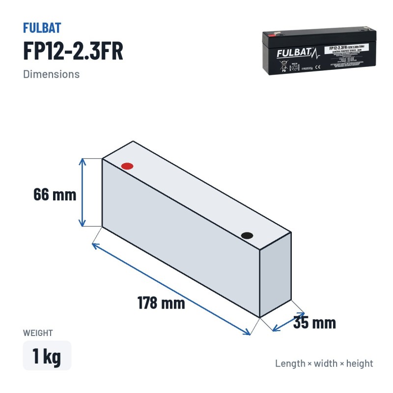 Batteria stazionaria UPS Fulbat FP12-2.3FR 12V 2.3Ah AGM – dimensioni 178 × 35 × 66 mm