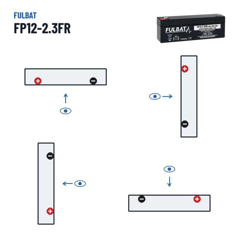 Bateria estacionária UPS Fulbat FP12-2.3FR 12V 2.3Ah AGM – polaridade (esquema 1, + esquerda)